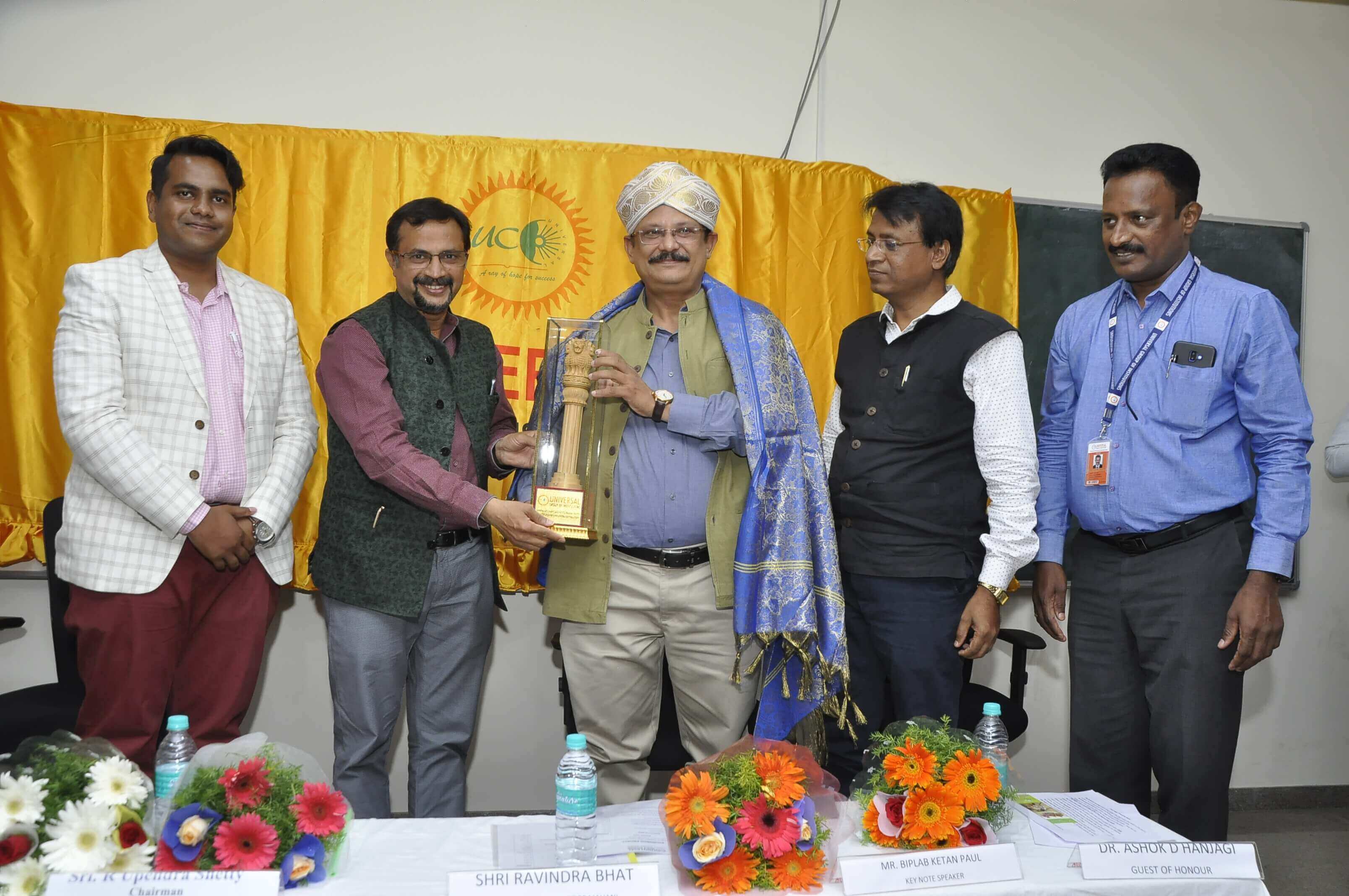 The Chief guests for the day were Shri Ravindra Bhat, Executive editor of Prajavani, Mr. Biplab Ketan Paul, the inventor of the “Bhungroo” and founder and director of NSPL and Dr. Ashok D Hanjagi, Head of Department, Bengaluru University. The seminar was presided by Shri R Upendra Shetty, Chairman of Universal Group of Institutions.